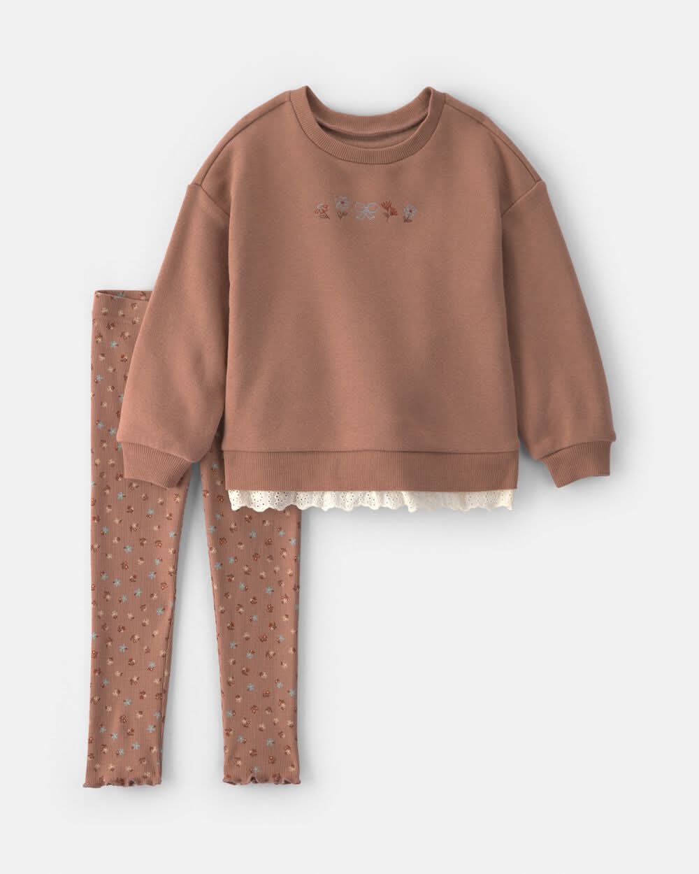 Toddler Girl 2-Piece Floral Fleece Sweatshirt & Pant Set - Brown - 3T
