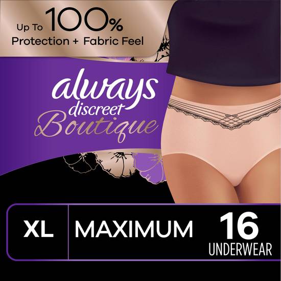 Always Discreet Boutique, Incontinence & Postpartum Underwear for Women, Maximum Protection, Peach, XL, 16 Count