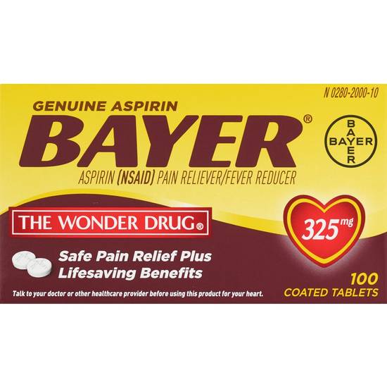 Genuine Bayer Aspirin, 325mg Coated Tablets, Pain Reliever, 100/Pack