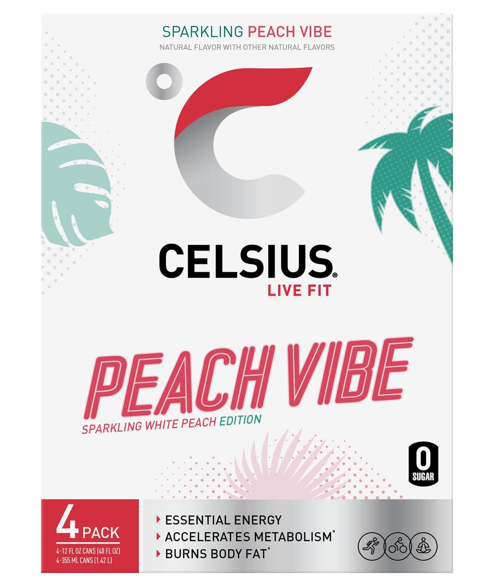 Celsius Live Fit Sparkling Energy Drinks, Peach Vibe (4 x 12 fl oz)
