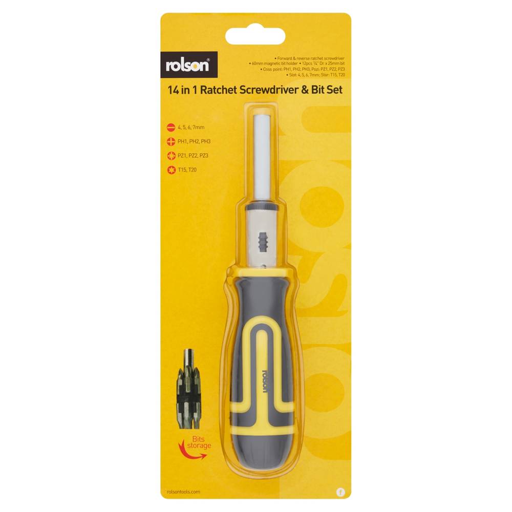 Rolson 14'', 1 Ratcheting Screwdriver & Bit Set