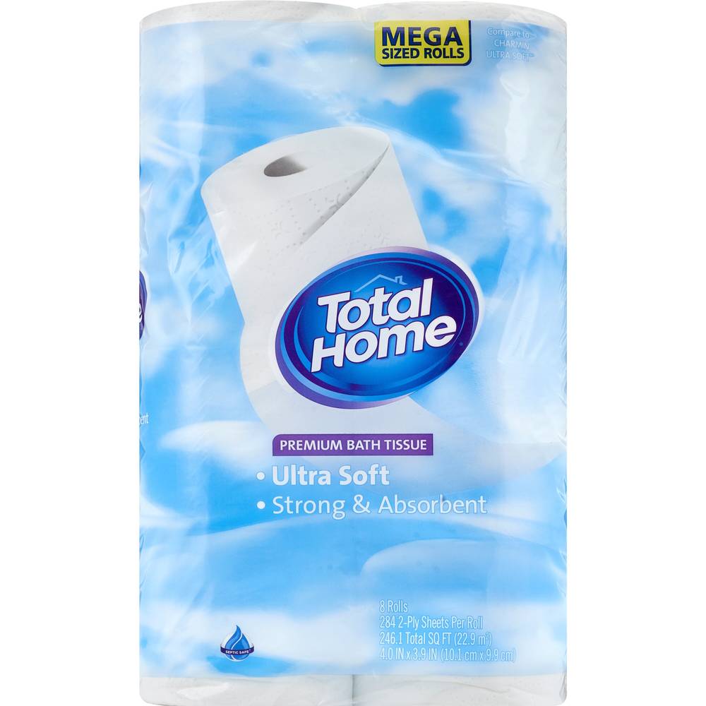 Total Home Ultra Soft Premium Bath Tissue, Mega Sized Rolls, 8 ct