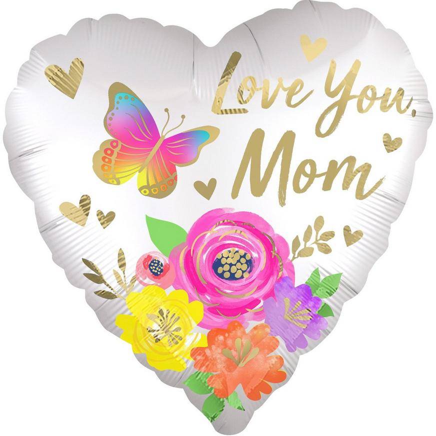 Uninflated Satin Butterfly Flowers Love You Mom Heart Foil Balloon, 18in