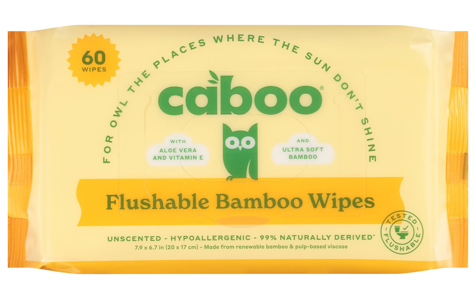 Caboo Flushable Hypoallergic Unscented Bamboo Wipes, 7.9x6.7 in (60 ct)
