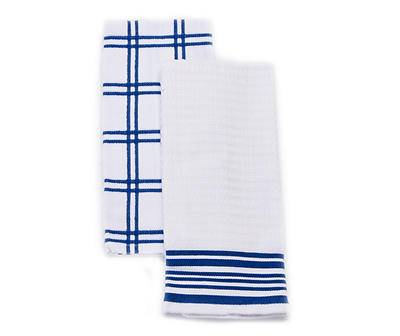 White & Blue Plaid & Stripe Cotton Kitchen Towels, 2-Pack