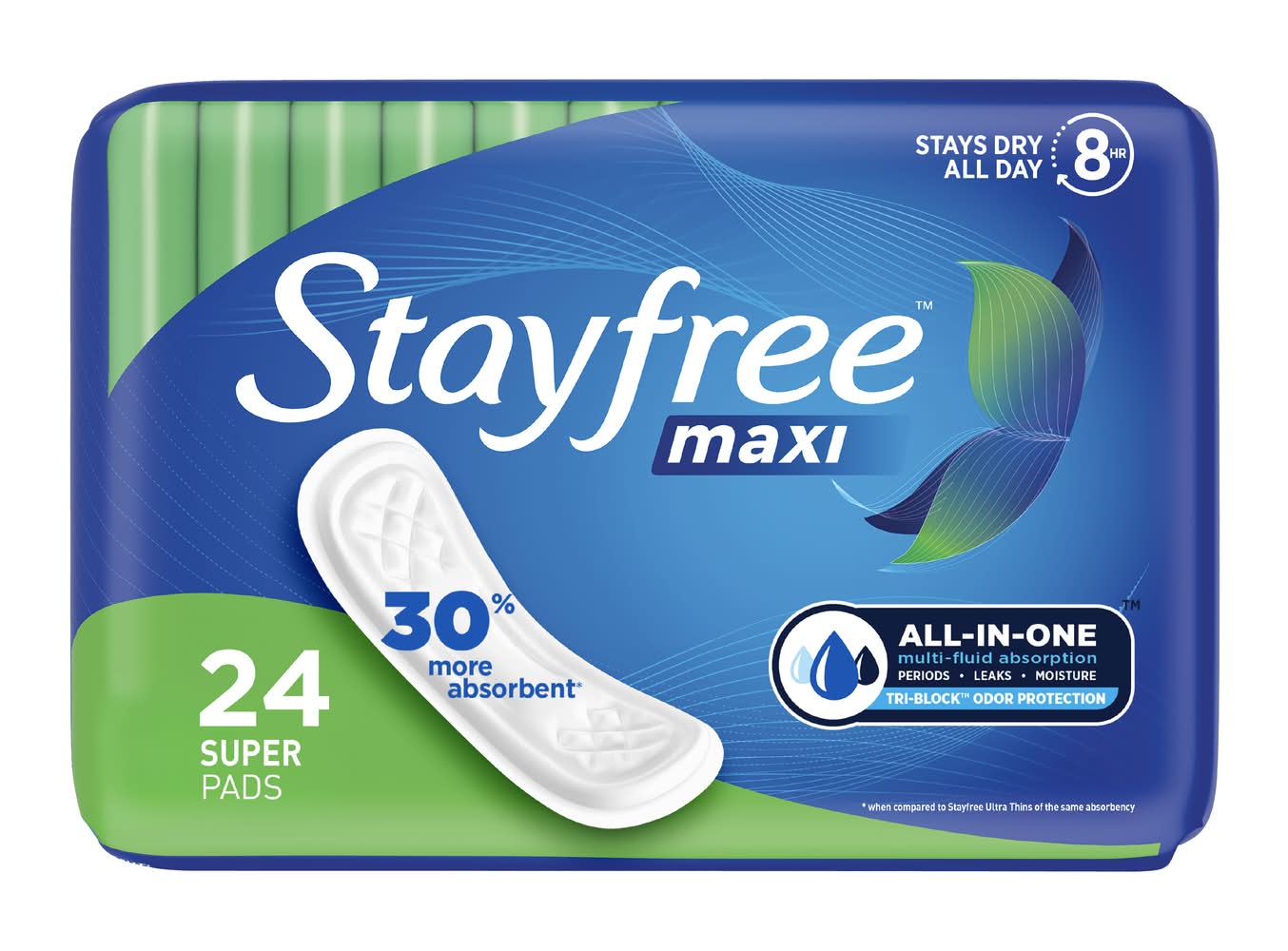 Stayfree All-In-One Multi-Fluid Absorption Periods Leaks Super Maxi Pads (24 ct)
