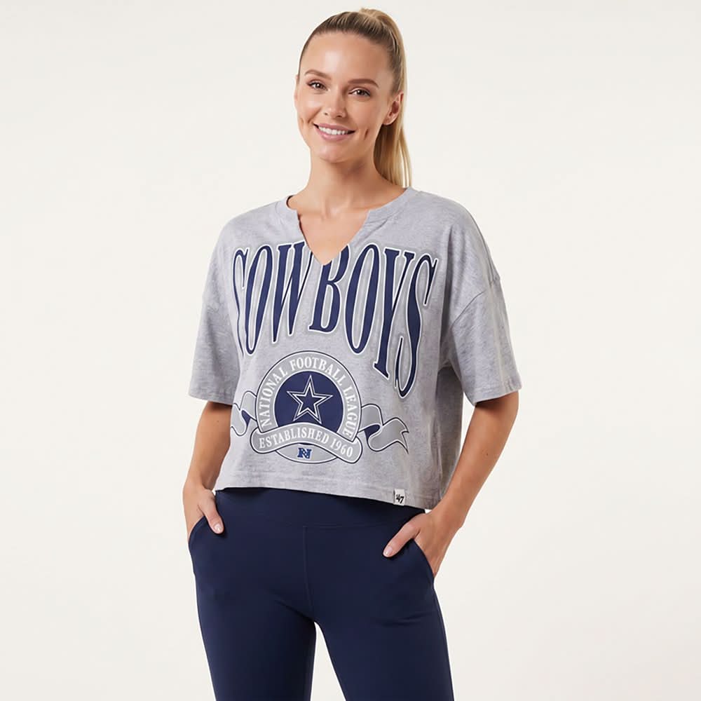 '47 Dallas Cowboys Women's Banners Out Oversized Notch Neck Graphic T-shirt, Grey, Medium