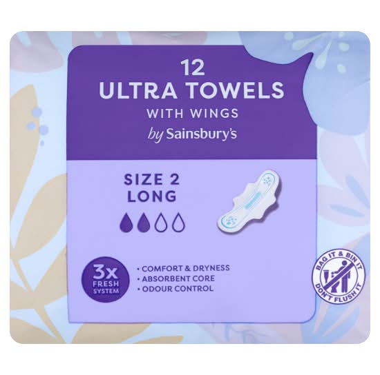 Sainsbury's Long Size 2, Ultra Towels With Wings (12 pack)