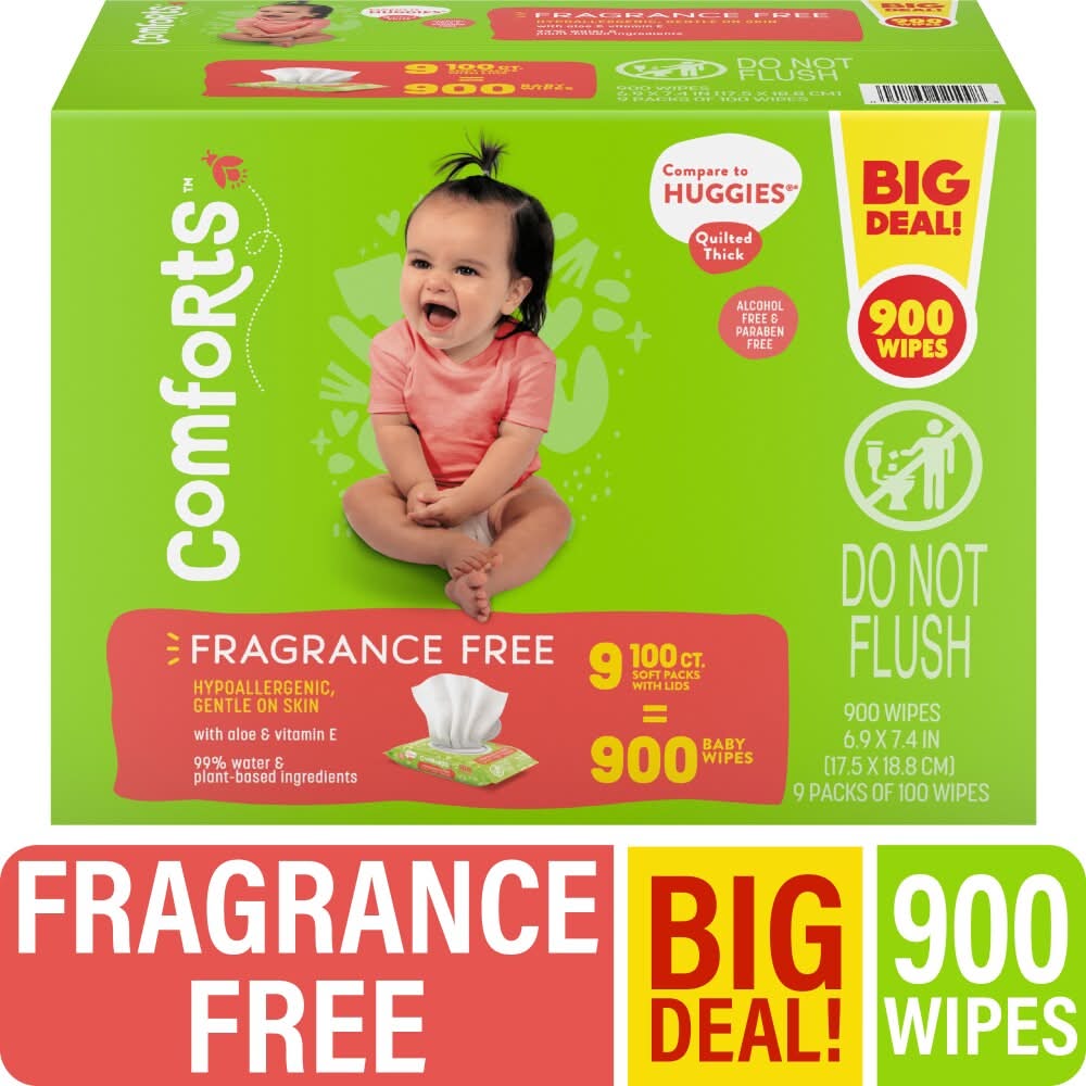 Comforts Fragrance Free Baby Wipes, 6.9x7.4 in (9 x 100 ct)