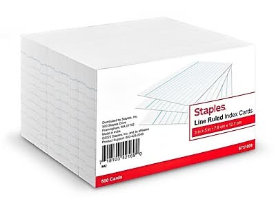 Staples Index Cards, 3 x 5, Lined, White, 500 Pack – Ruled Cards for Studying, Notes & Classroom Use