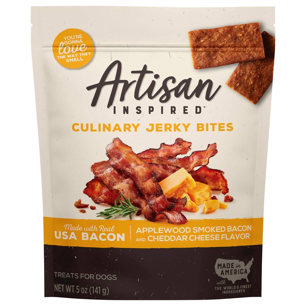 Artisan Inspired Culinary Jerky Bites Treats For Dogs, Cheddar-Cheese-Applewood-Smoked-Bacon (5 oz)