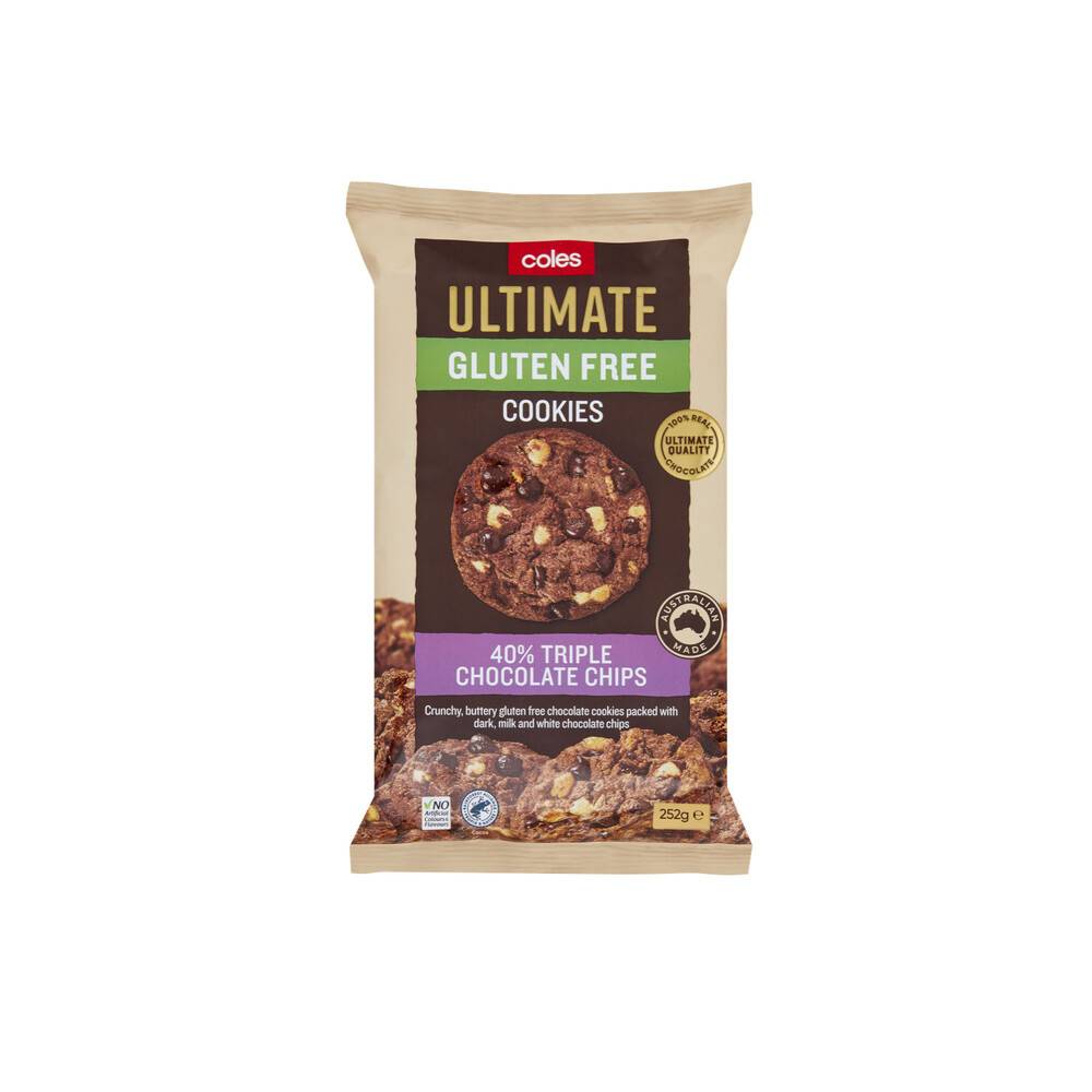 Coles Ultimate Gluten Free Cookies 40% Triple Chocolate Chips 252g