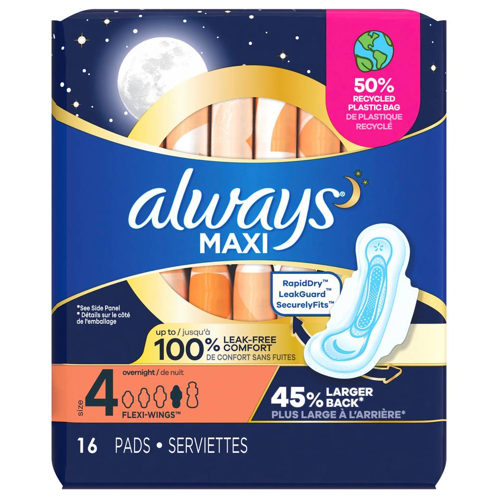 Always Maxi Overnight Pads With Wings Overnight, Unscented, 4 (16 ct)