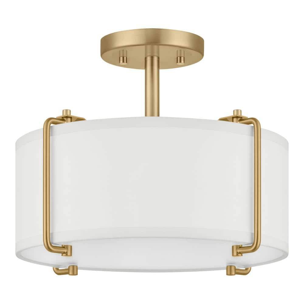 Home Decorators Collection Brookley 14 In. 2-Light Brushed Gold Semi-Flush Mount With White Fabric Shade