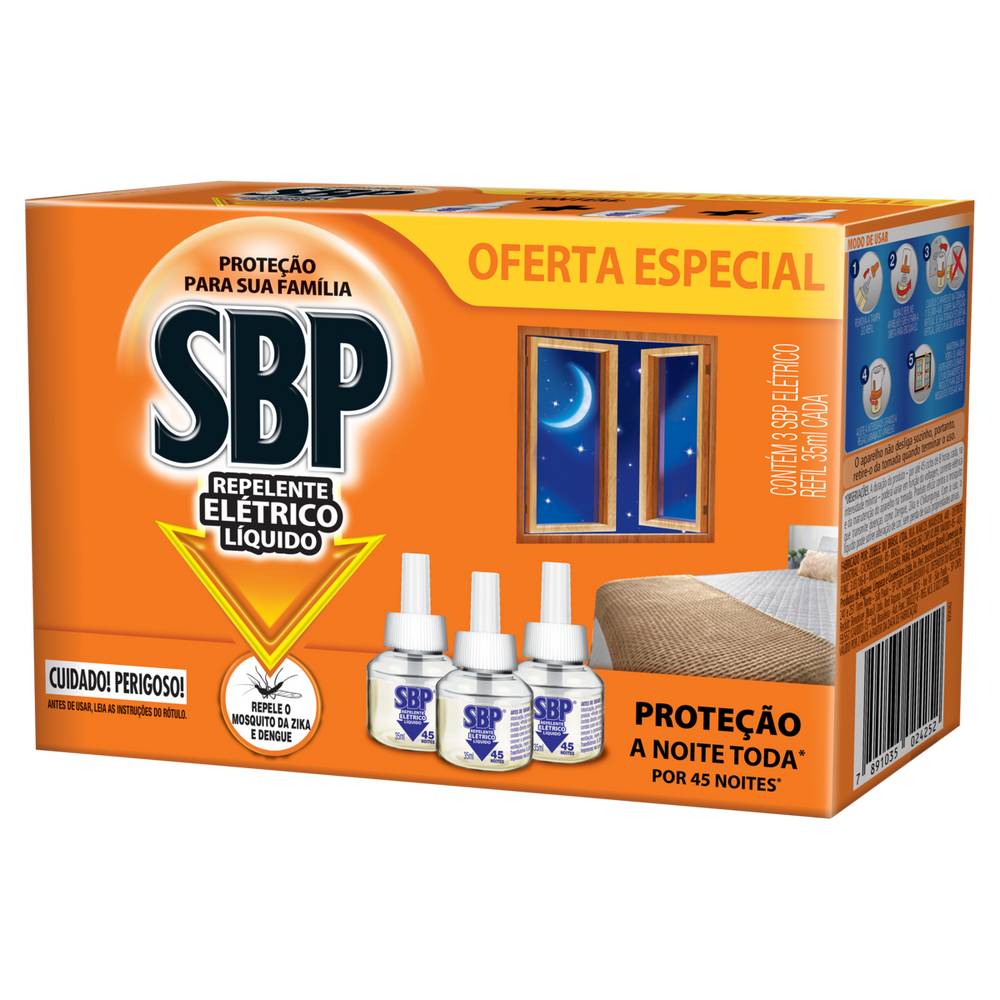 Sbp kit refil repelente elétrico líquido 45 noites (3 un, 35 ml)