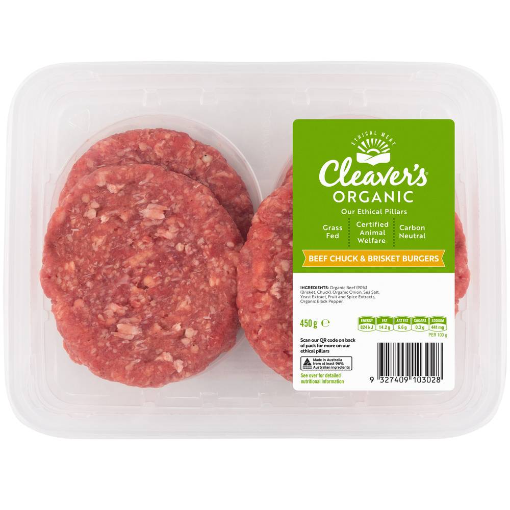 Cleaver's Organic Grass Fed Beef Burger Chuck & Brisket (450g)