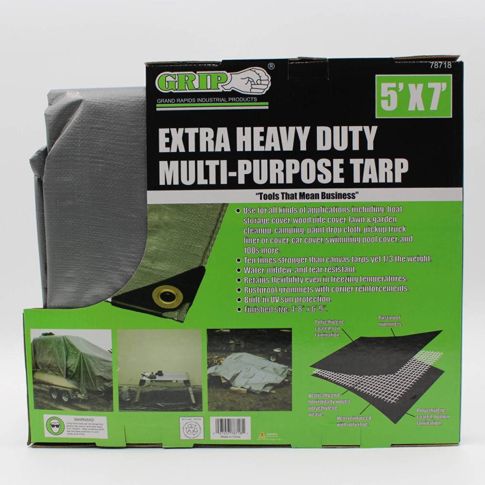 Grip-on Tools 7-ft x 5-ft Gray Water Resistant Standard Polyethylene 14-mil Tarp | 78718