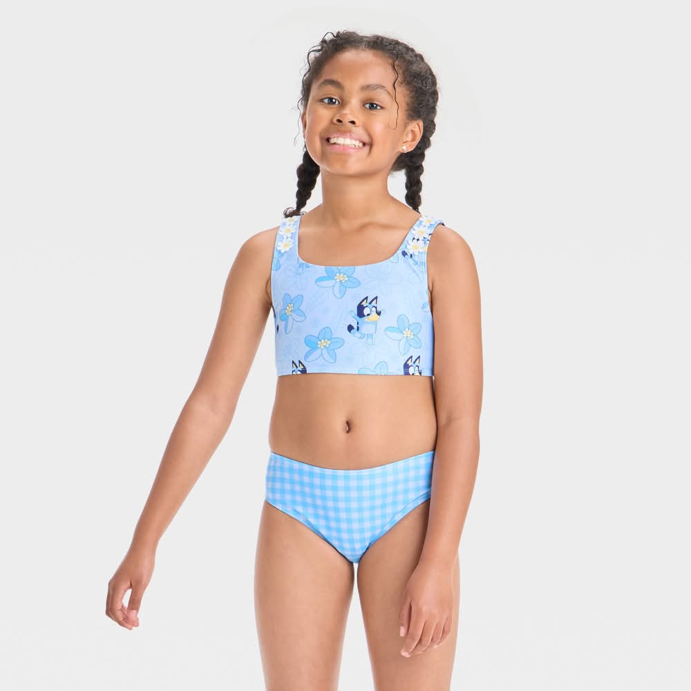 Girls' BLUEY Gingham Tankini Set - Blue XS: UPF 50+ Swimwear, Polyester-Spandex Blend, Tagless Design