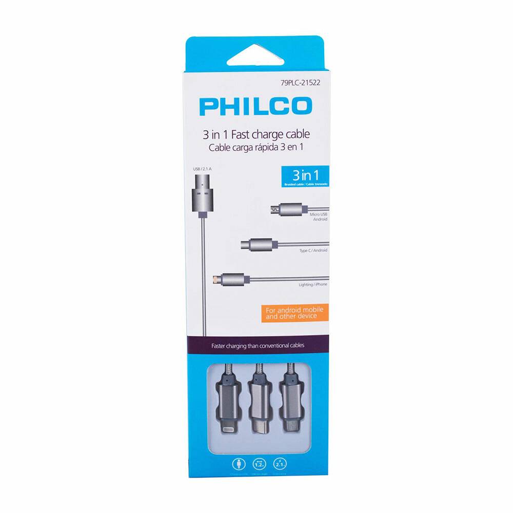 Philco Cable 3 en 1: Tipo C / Micro USB / Iphone Metalico