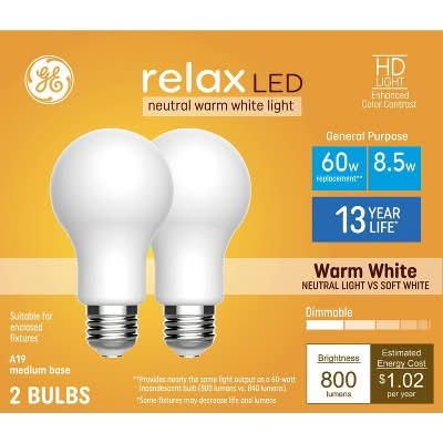 GE Lighting Relax Hd E26 Base Led Light Bulbs 60w 800 Lumens 3000k, Warm White (2 ct)