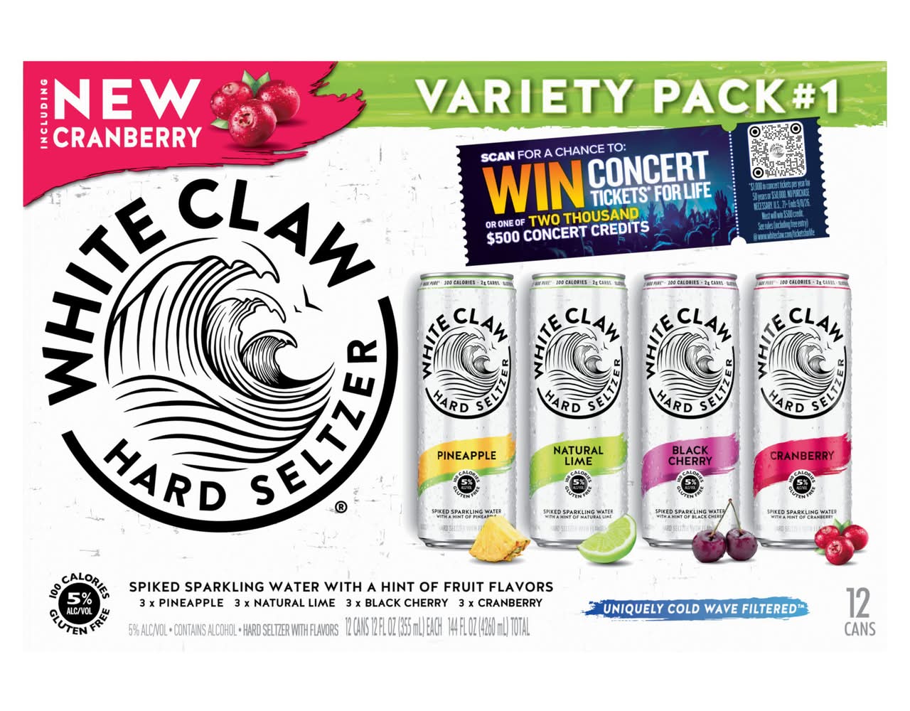 White Claw Hard Seltzer Variety pack, Cranberry-Black Cherry-Pineapple-Natural Lime (12 x 12 fl oz)