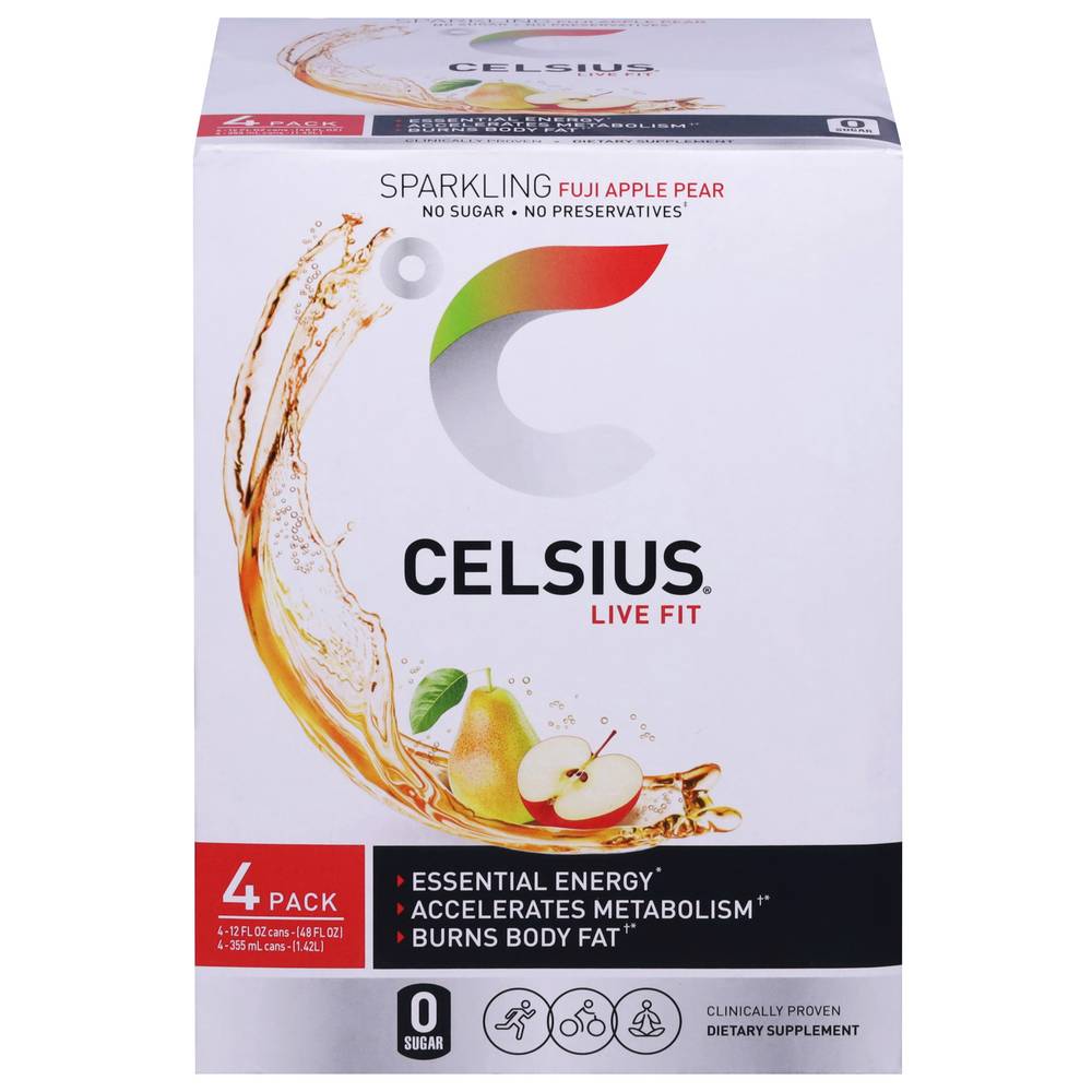 Celsius Sparkling Energy Drink, Fuji Apple Pear (4 x 12 fl oz)