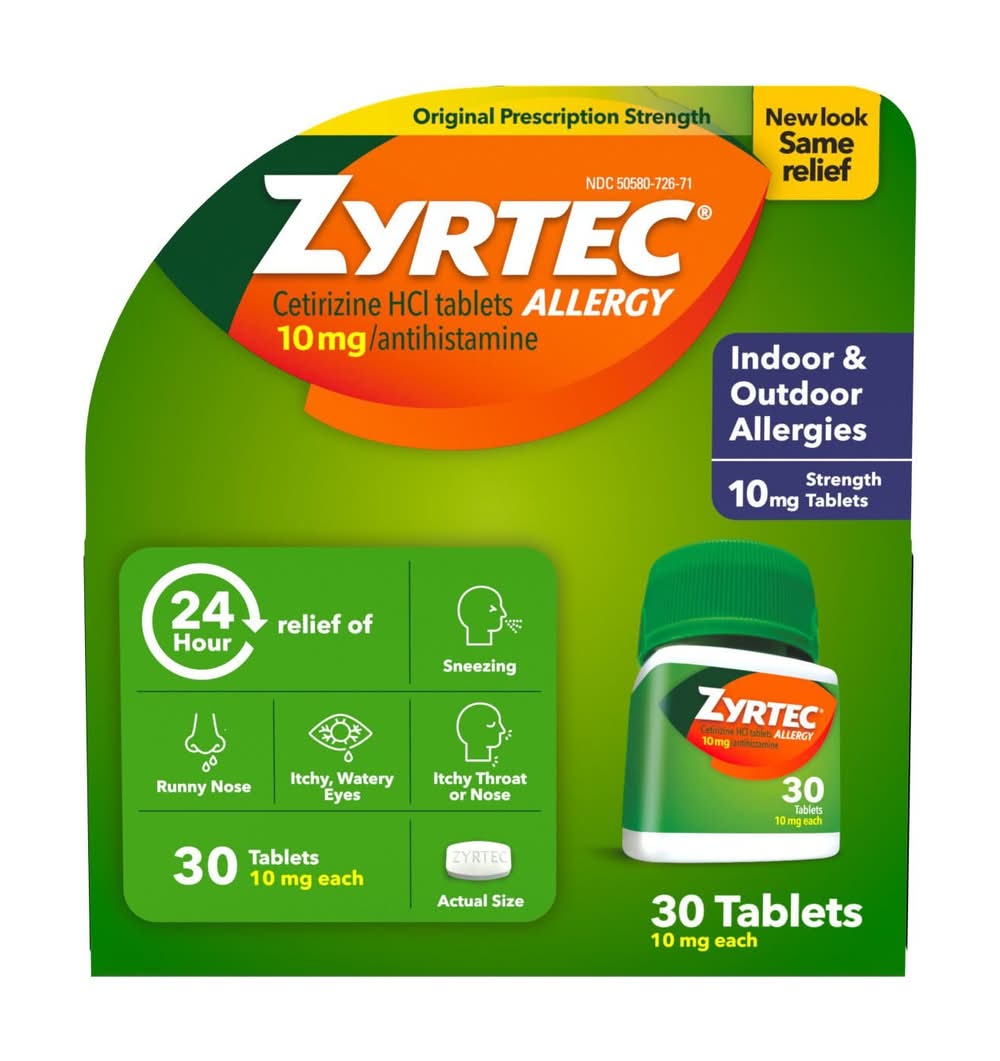 Zyrtec 24Hr Allergy Relief Tablets, 10Mg Cetirizine Hcl, 30 Ct