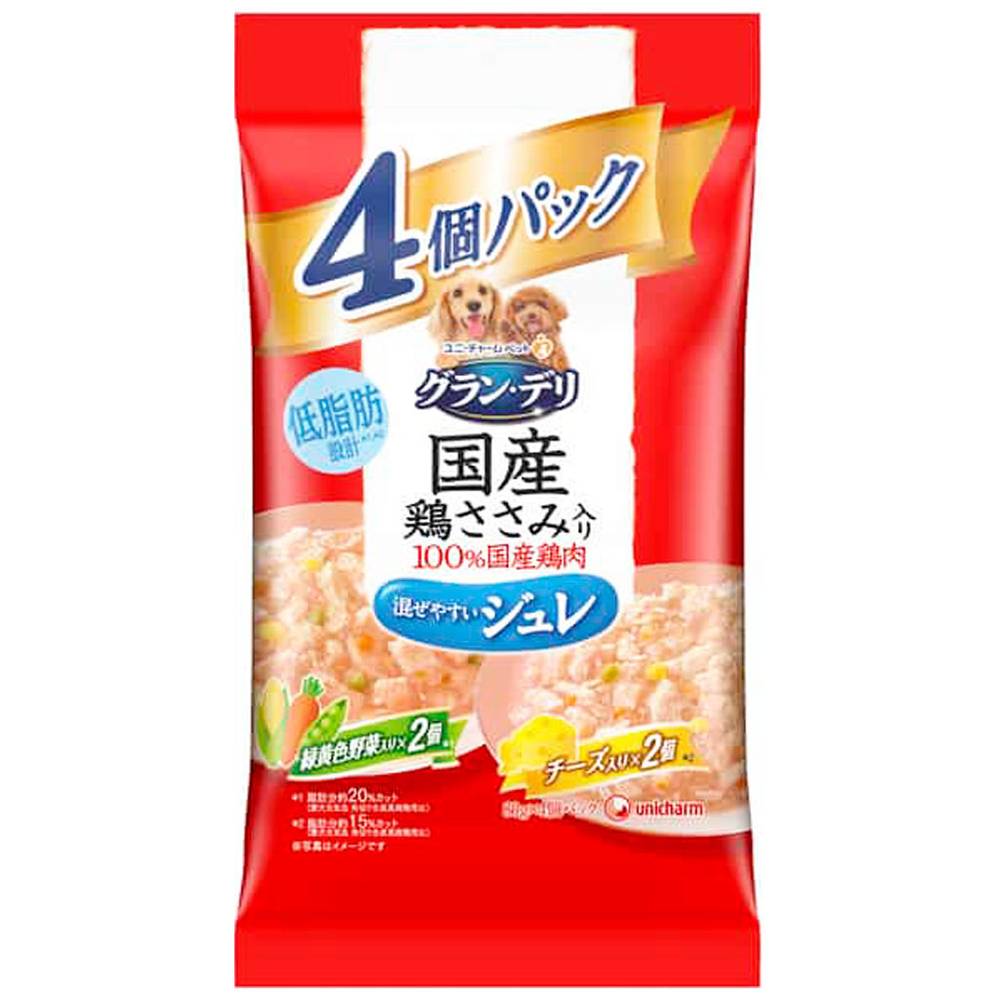 ユニ・チャームペット　グラン・デリ　国産鶏ささみ　パウチ　ジュレ　バラエティ　緑黄色野菜入り　チーズ入り　成犬用/80g×4袋入