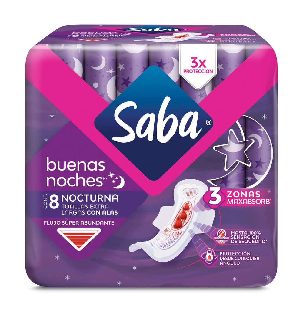 Saba · Buenas noches toallas sanitarias nocturnas de máxima absorción, Extra Larga (8 un)