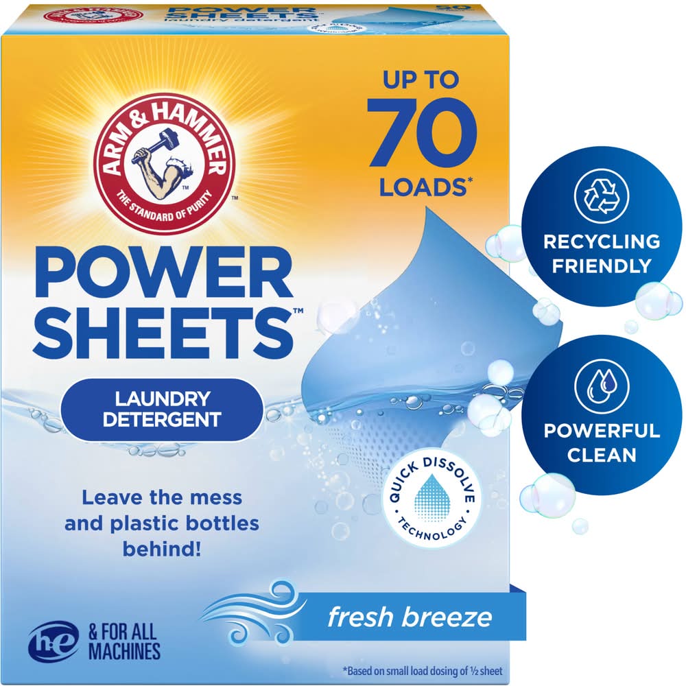 Arm & Hammer Power Sheets Laundry Detergent, Fresh Breeze, 11.5 cm x 14.5 cm (35 ct)