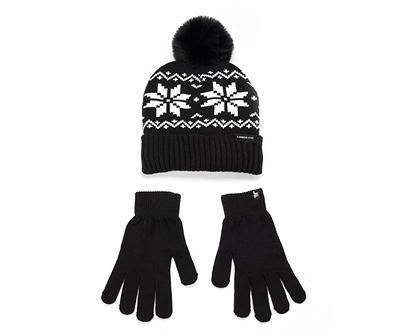 Fair Isle Pom Pom Beanie & Gloves Set, Black-White