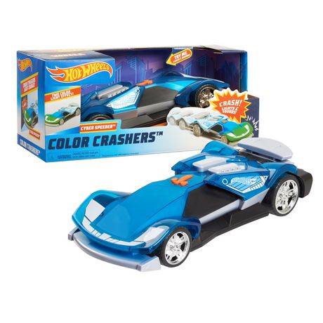 Hot Wheels Color Crashers Cyber Speeder Vehicle, 10-Inch Blue Motorized Toy Car With Lights And Realistic Racing Sounds