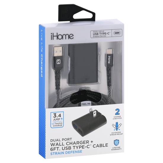 Ihome Dual Port Wall Charger + Usb Type-C Cable
