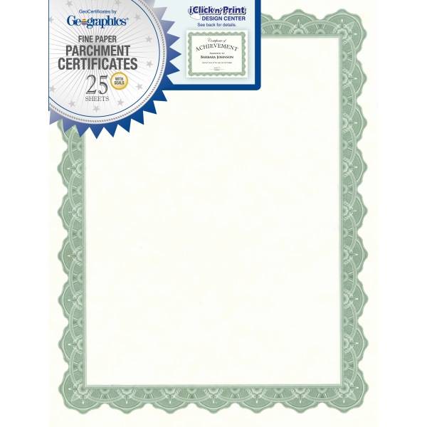 Geographics Parchment Certificates, 8-1/2" X 11", Optima Green (25 ct)