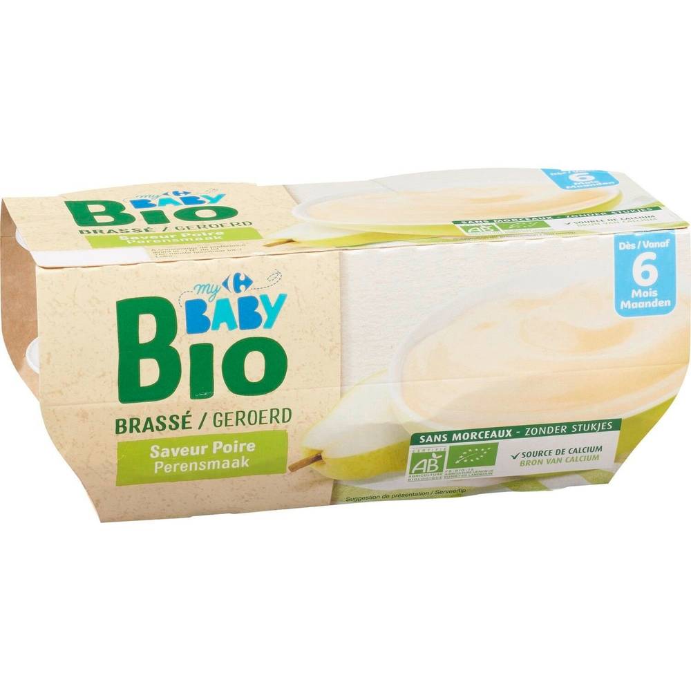 Carrefour Baby Bio - Dessert brassé pour bébé saveur poire dès 6 mois (4 pièces)