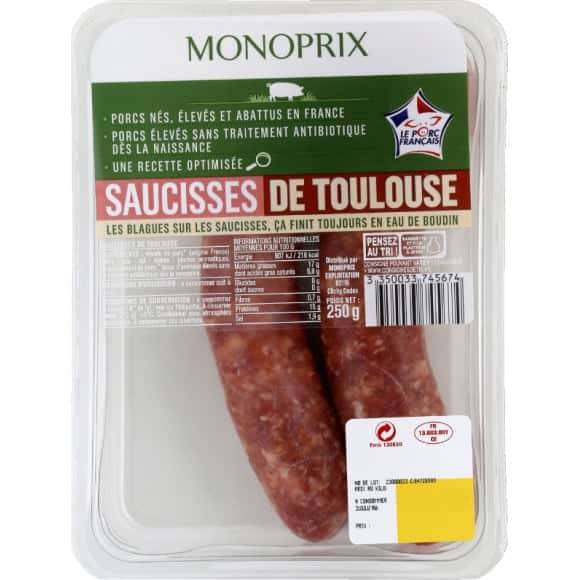 Monoprix Saucisses De Toulouse De Porc Élevé Sans Traitement Antibiotique La Barquette De 2 = 250 G