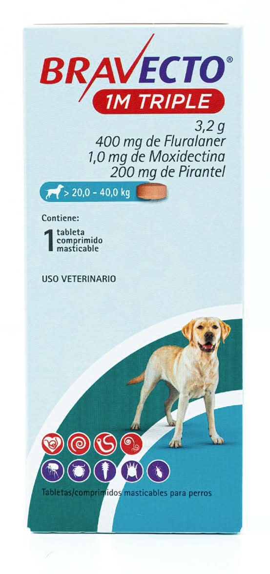 Bravecto TRIPLE TABLETA MASTICABLE ANTIPARASITARIA EXTERNA E INTERNA PARA PERRO, 20 A 40 KG
