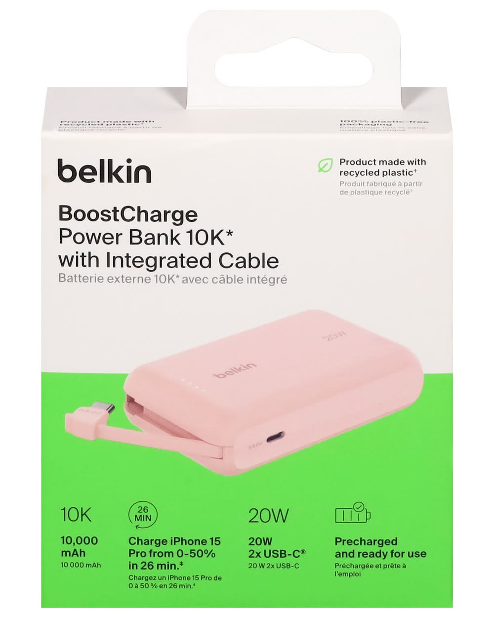 Belkin Boostcharge Power Bank With Integrated Cable 10k Mah 20 W, Pink