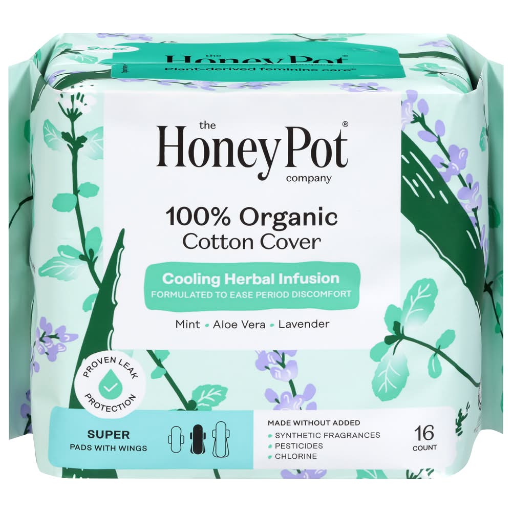 The Honey Pot 100% Organic Cotton Cover Cooling Herbal Infusion Super Pads (16 ct)