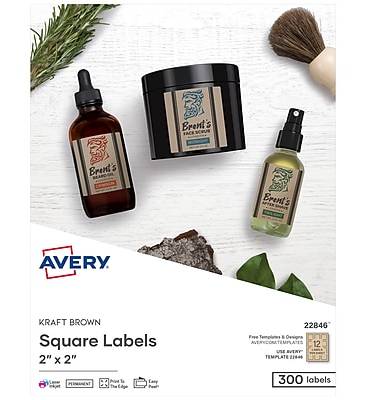 Avery Print-to-the-Edge Laser/Inkjet Square Labels, 2 x 2, Kraft Brown, 300 Labels/Pack (22846)