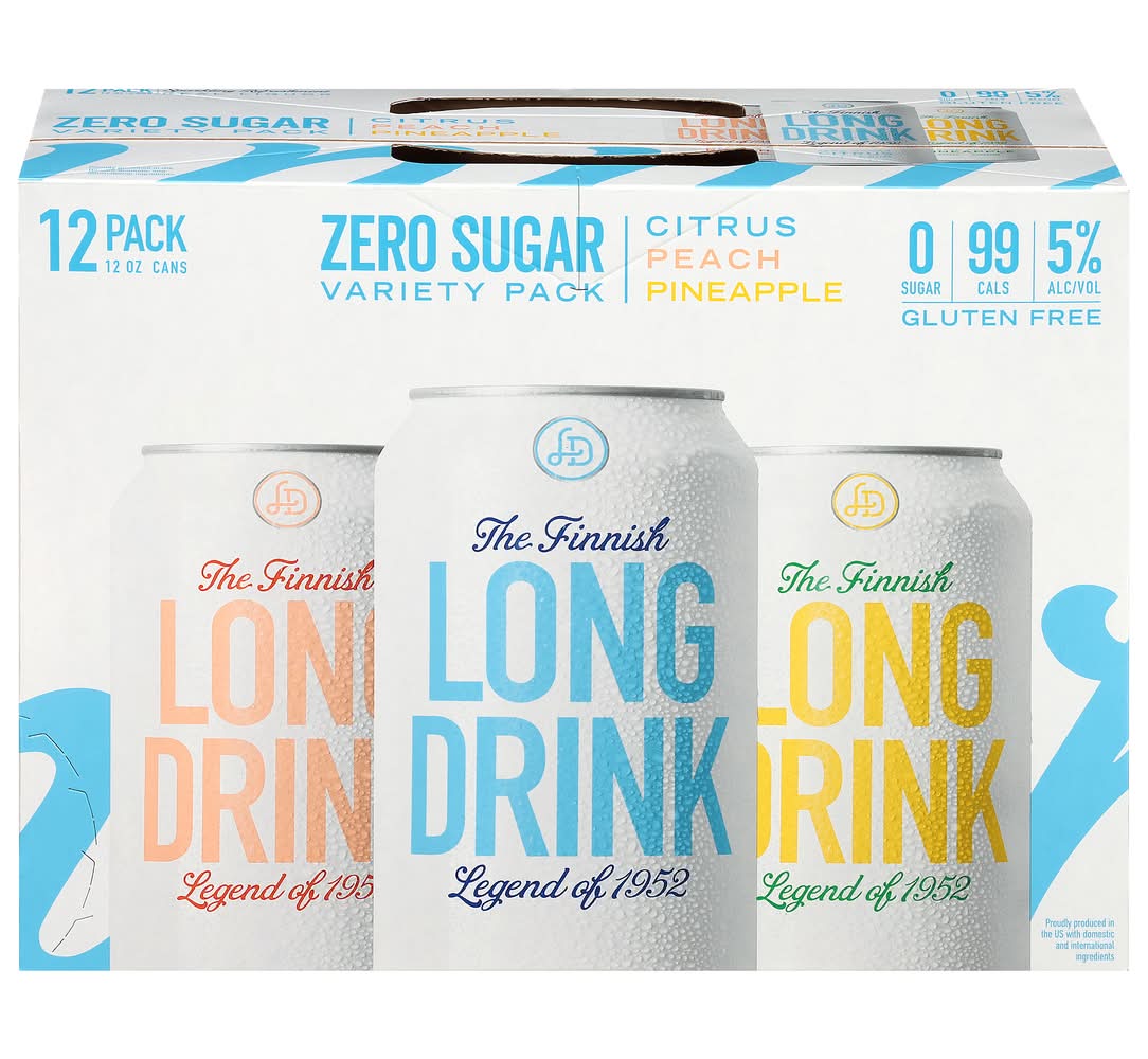 Long Drink Zero Sugar Gin Variety pack, Citrus-Peach-Pineapple (12 x 12 oz)