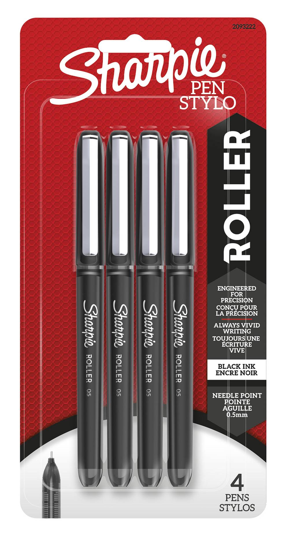 Sharpie Roller Pens, Needle Point Tip, Black, 4 ct