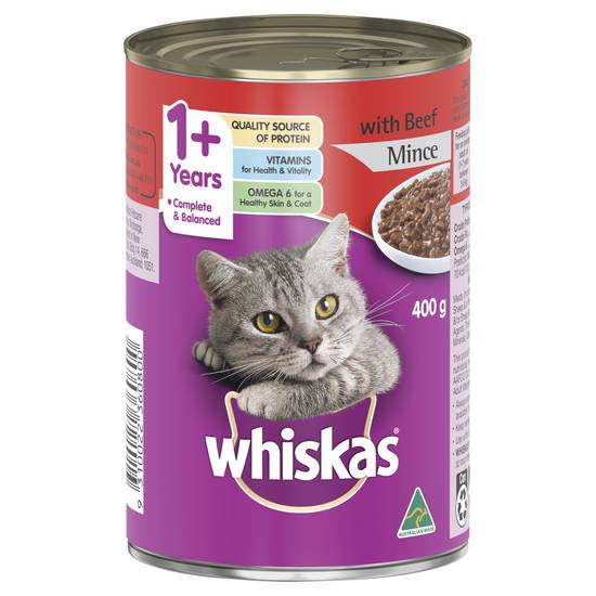 Whiskas 1+ Years Wet Cat Food With Beef Mince Can 400g