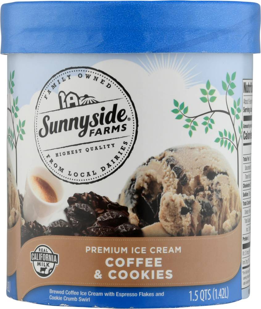 Sunnyside Farms Ice Cream, Premium, Coffee & Cookies 1.5 Qt
