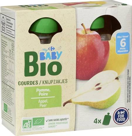 Desserts bébé bio pomme poire dès 6 mois CARREFOUR BABY - les 4 gourdes de 90g