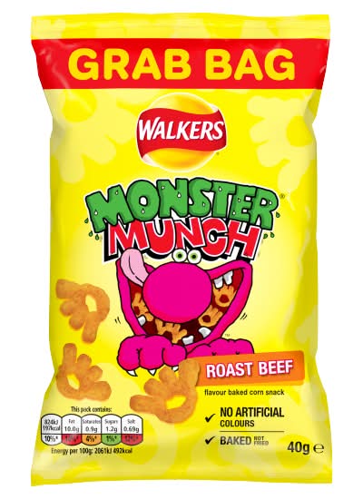 Walkers Roast Beef, Monster Munch Corn Snacks (40g)