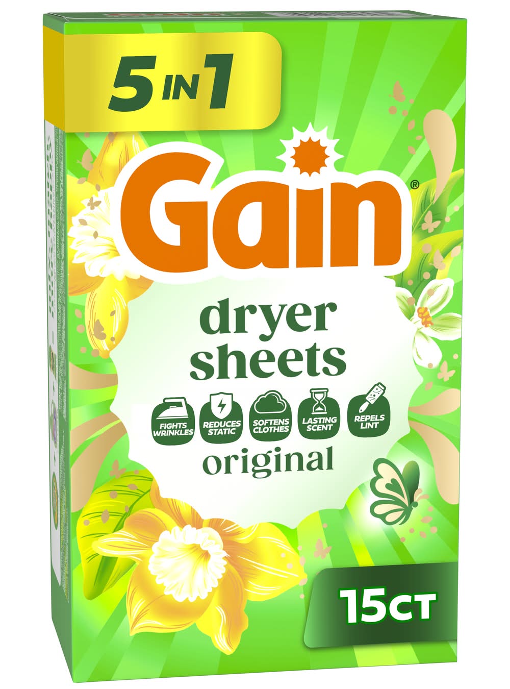 Gain Original Dryer Sheets, 6.4 "x 9 " (3.2 oz, 15 ct)