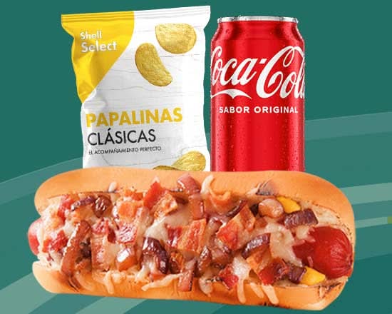 Combo Cheese Bacon Dog + Coca Cola Lata 12 oz + papalinas shell select 60g