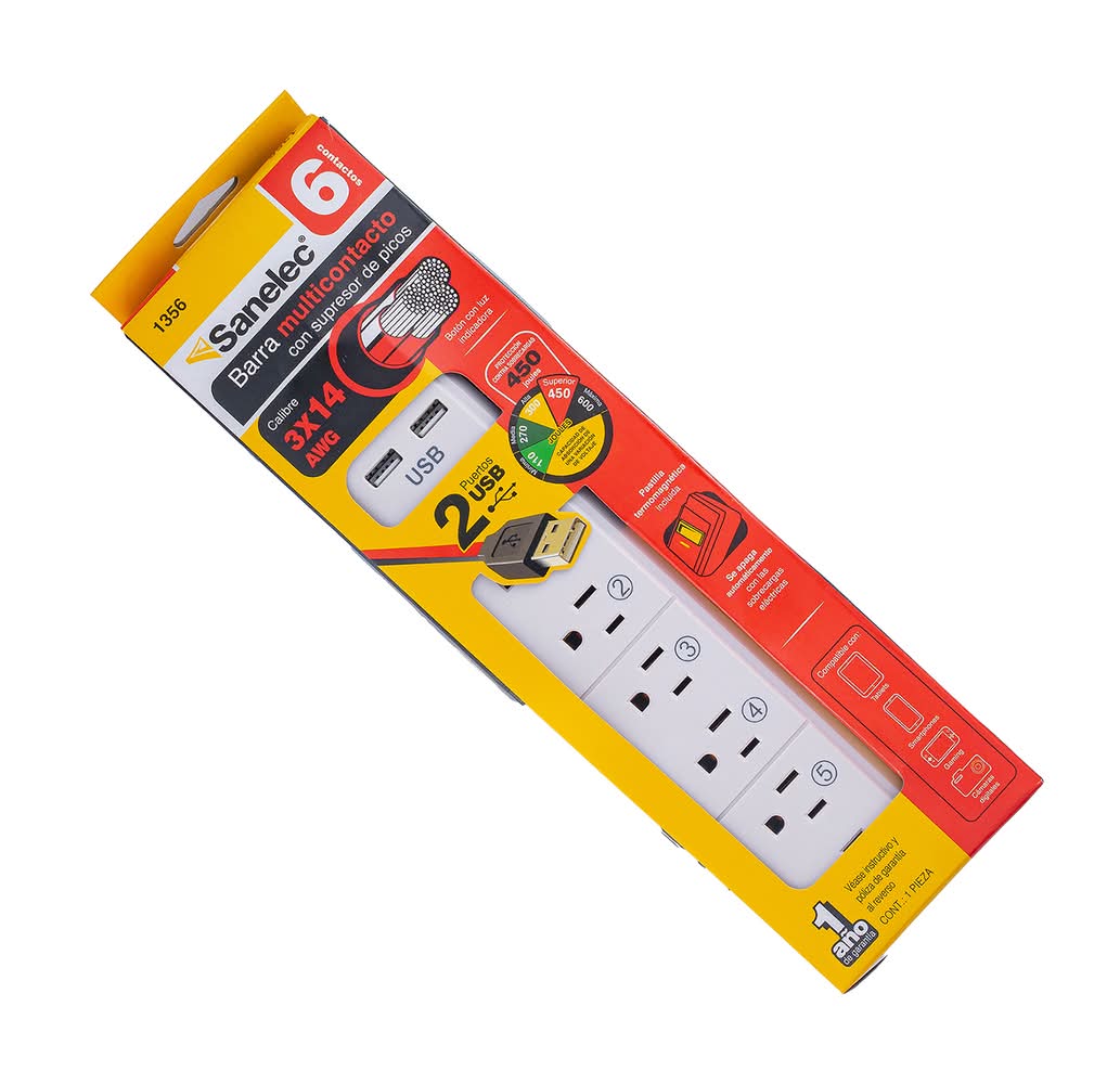 Extension Multicontacto  Barra 6contactos  Sanelec  1.0 - pz