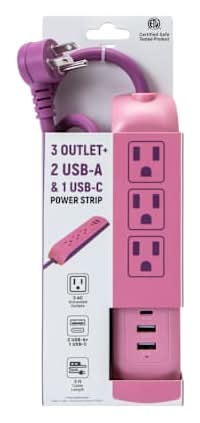 Power Strip W/ 3 outlet & 2 USB-A & 1 USB-C Port Pink